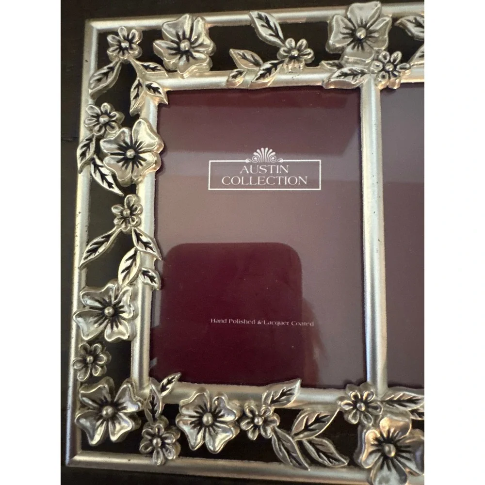Austin Collection Silver Floral Double Picture Frame Ornate Metal 2 Opening 6x5